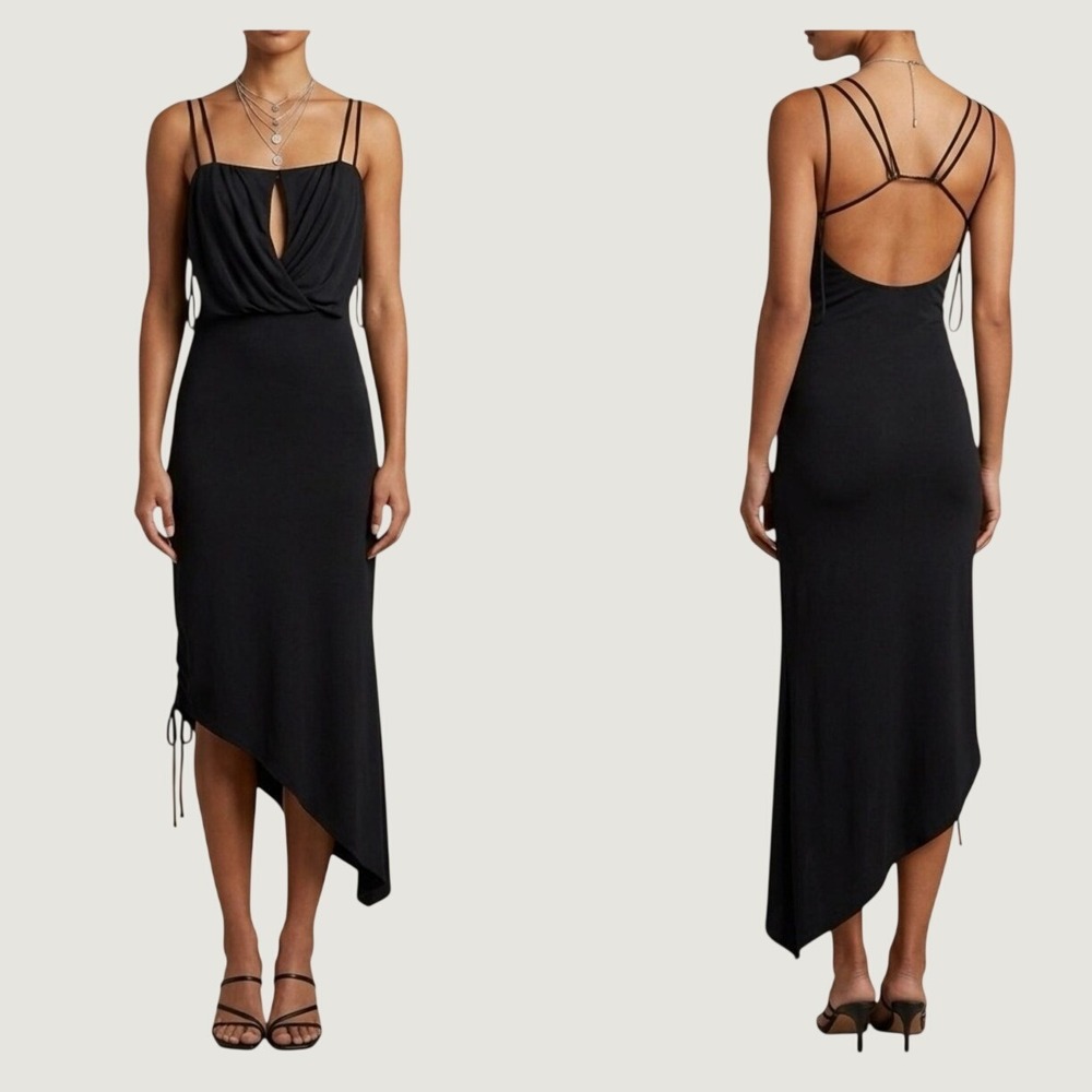Bebe Black Siren Draped Ruched Side Spaghetti Strap Asymmetric Dress Size S Y2K